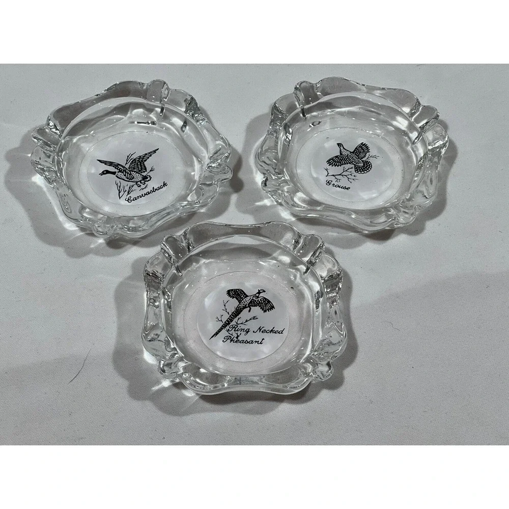 Game Bird Ashtray Set Lot Of 3 Glass‎ Grouse Pheasant Hunting Decor